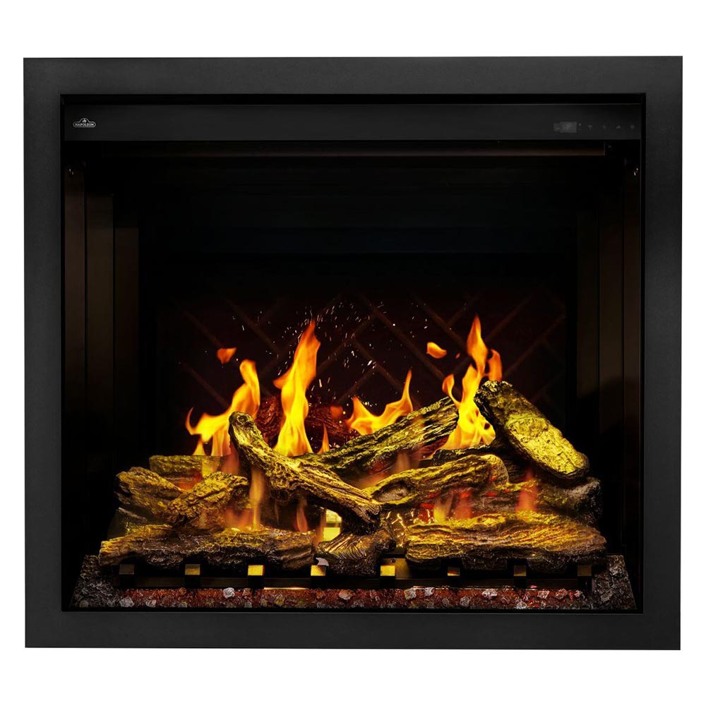 Built-in electric fireplace with black surround and glowing flame logs