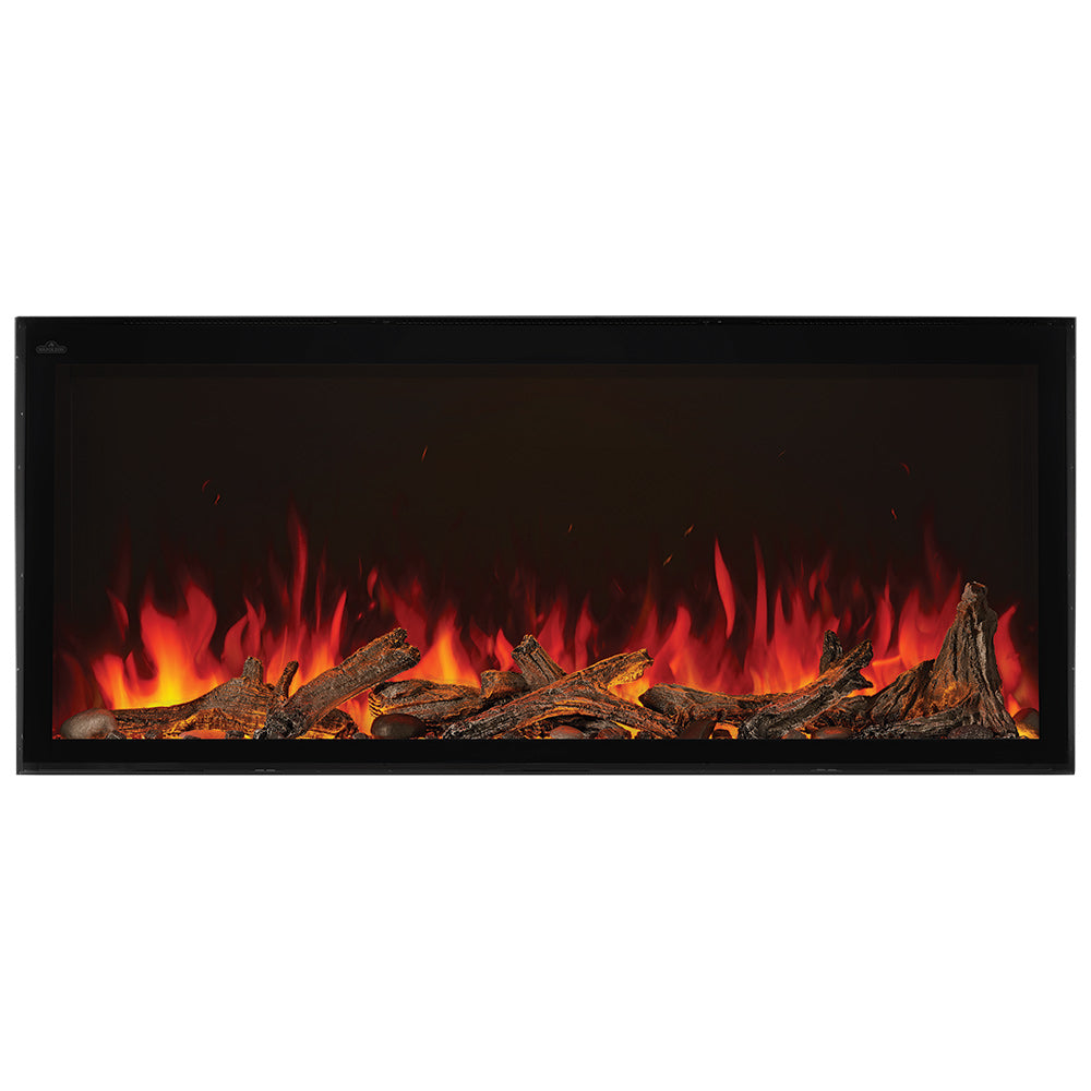 Black framed electric fireplace insert with glowing logs and bright flames