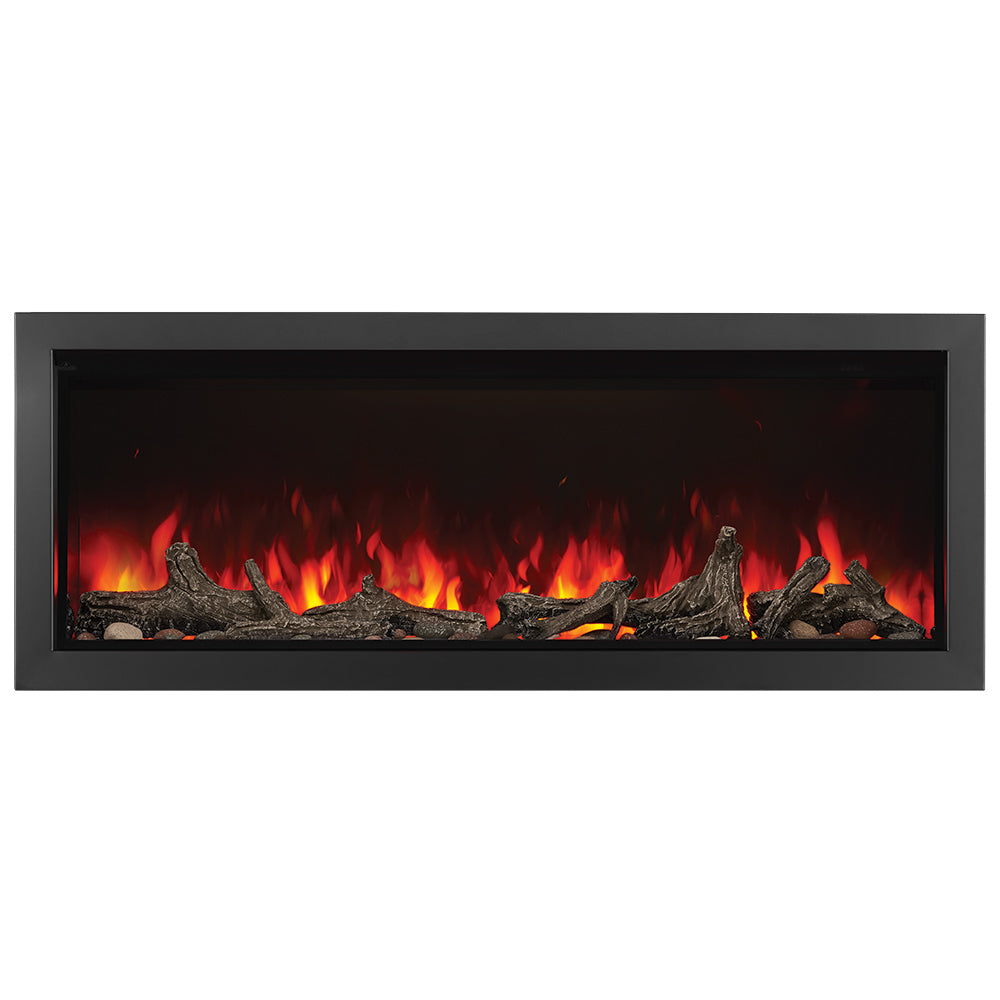 Built-in electric fireplace with wide front window showing fire logs and flames