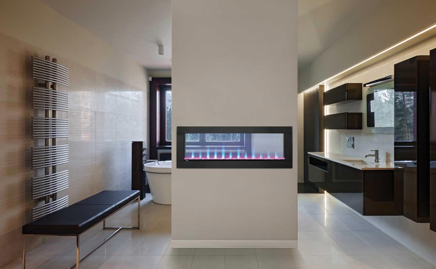 Electric fireplace surround with dark frame and open rectangular opening