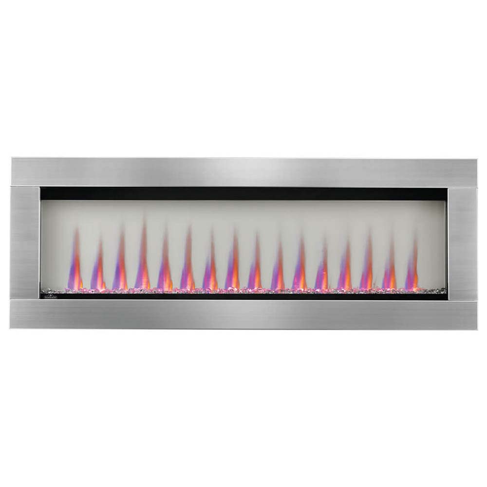 Built-in see-through electric fireplace with clear viewing window and orange flame effect