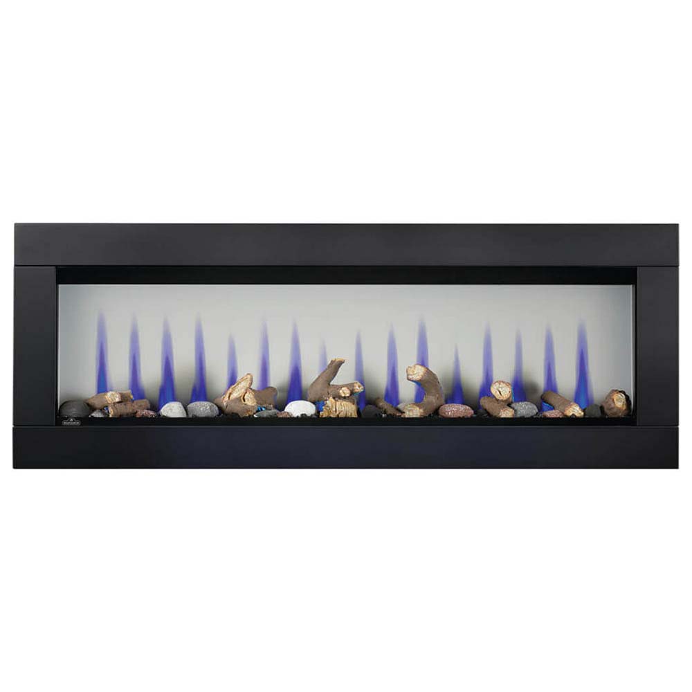 Built-in electric fireplace with black frame and blue flame effect with logs and crystals