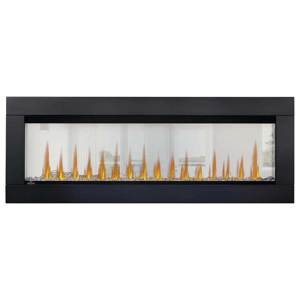 Built-in electric fireplace with black frame and orange flame effect behind glass