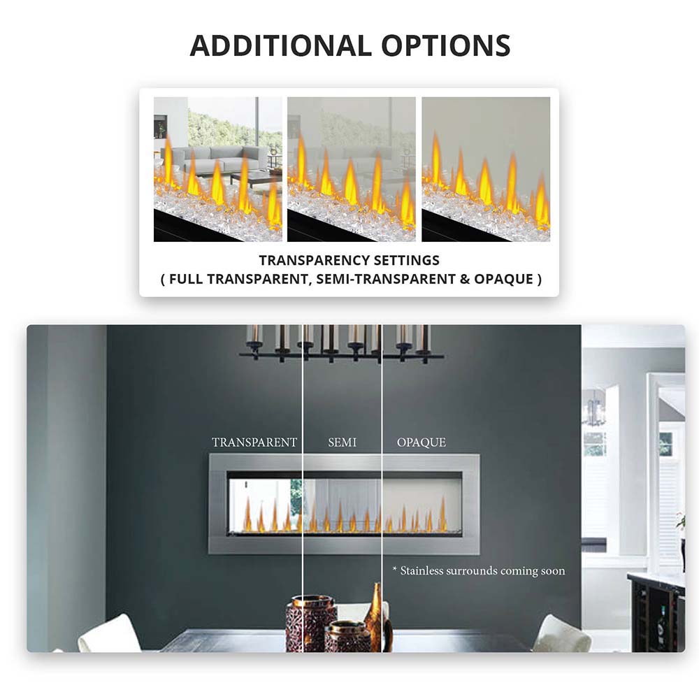 Electric fireplace transparency settings options: full, semi-transparent, and opaque display mockup