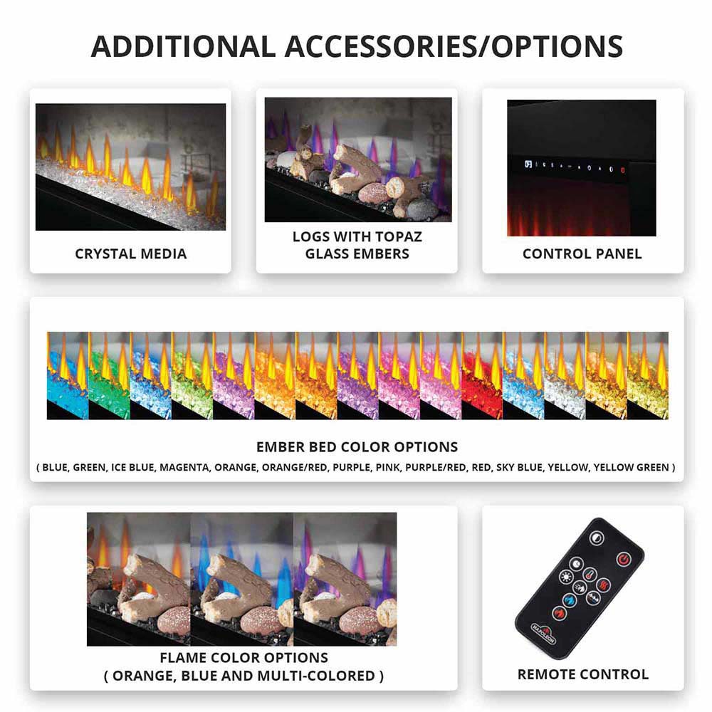 Electric fireplace option chart showing ember bed color options and a remote control
