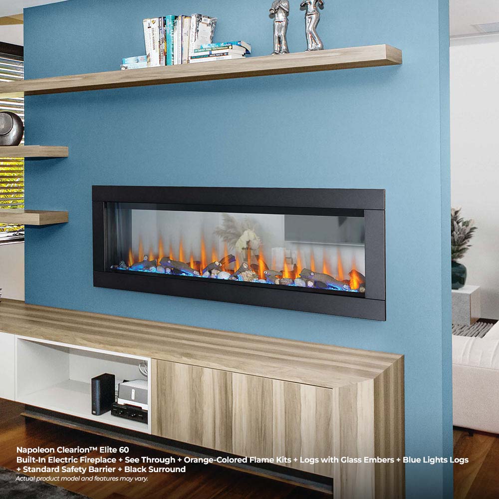 Napoleon CLEARion 60-Inch Built-In See-Through Electric Fireplace with Logs, Crystal Media & Remote