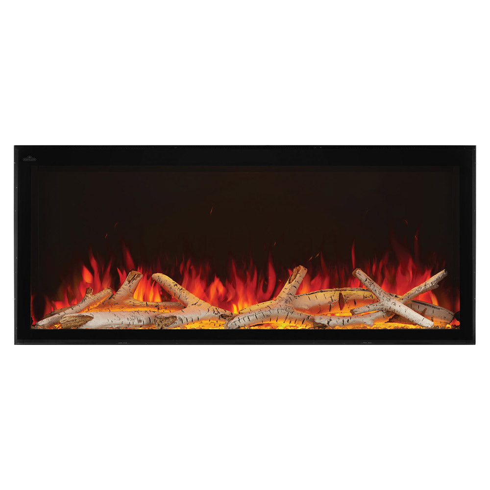 Built-in electric fireplace with black frame, glowing red flames and white log set