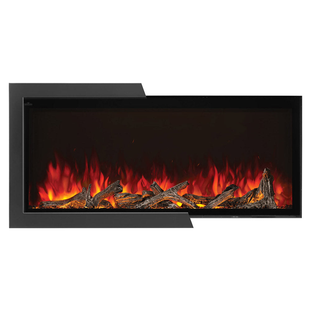 Built-in electric fireplace with black frame, red flame display over logs