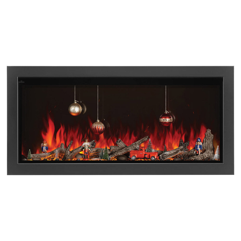 Built-in electric fireplace insert with red flames and ornaments over the log bed