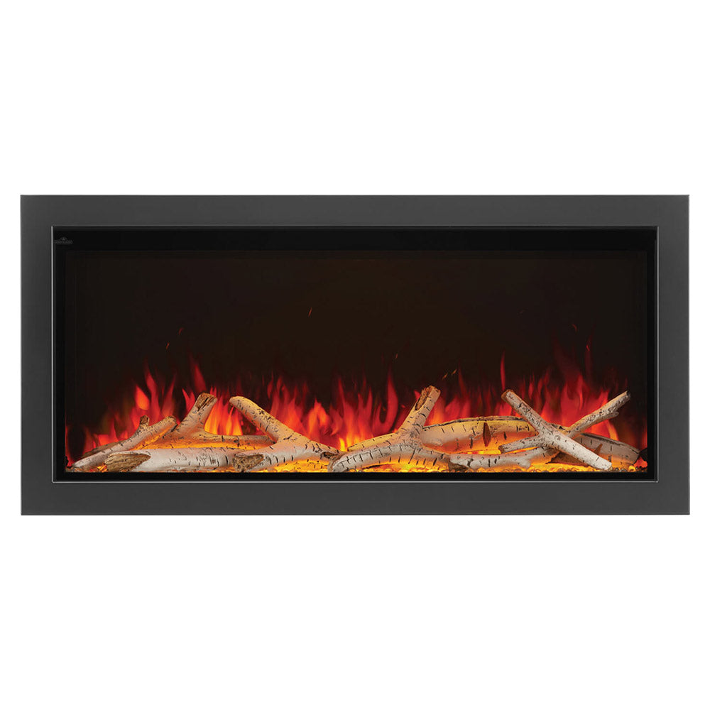 Built-in electric fireplace with black frame, red flames and white birch log appearance