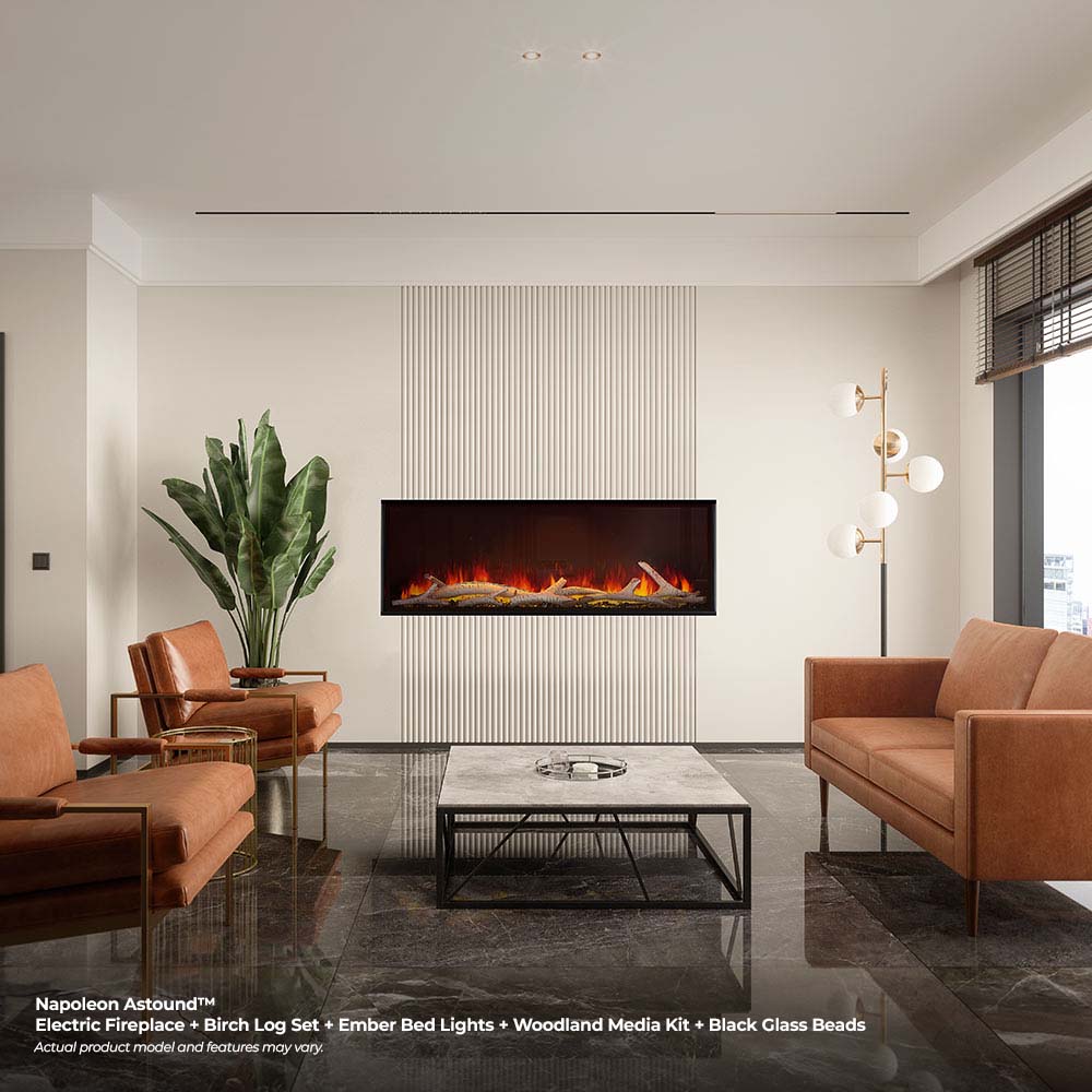 Built-in electric fireplace with black frame and red flames in a wall opening