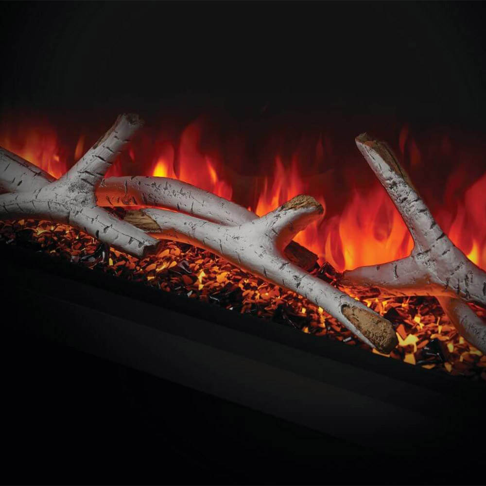 Built-in electric fireplace log grate close-up with red flames and white split logs