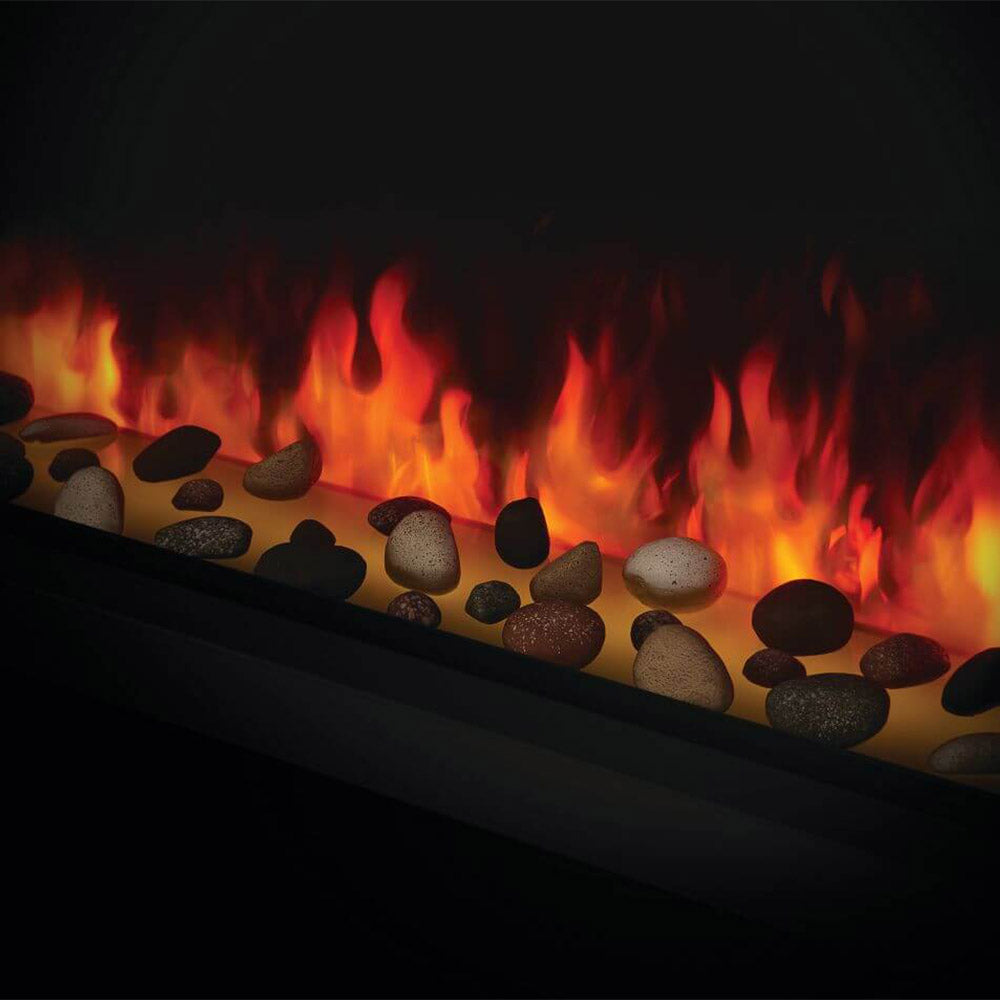 Built-in electric fireplace with red flames over a black and gray rock bed