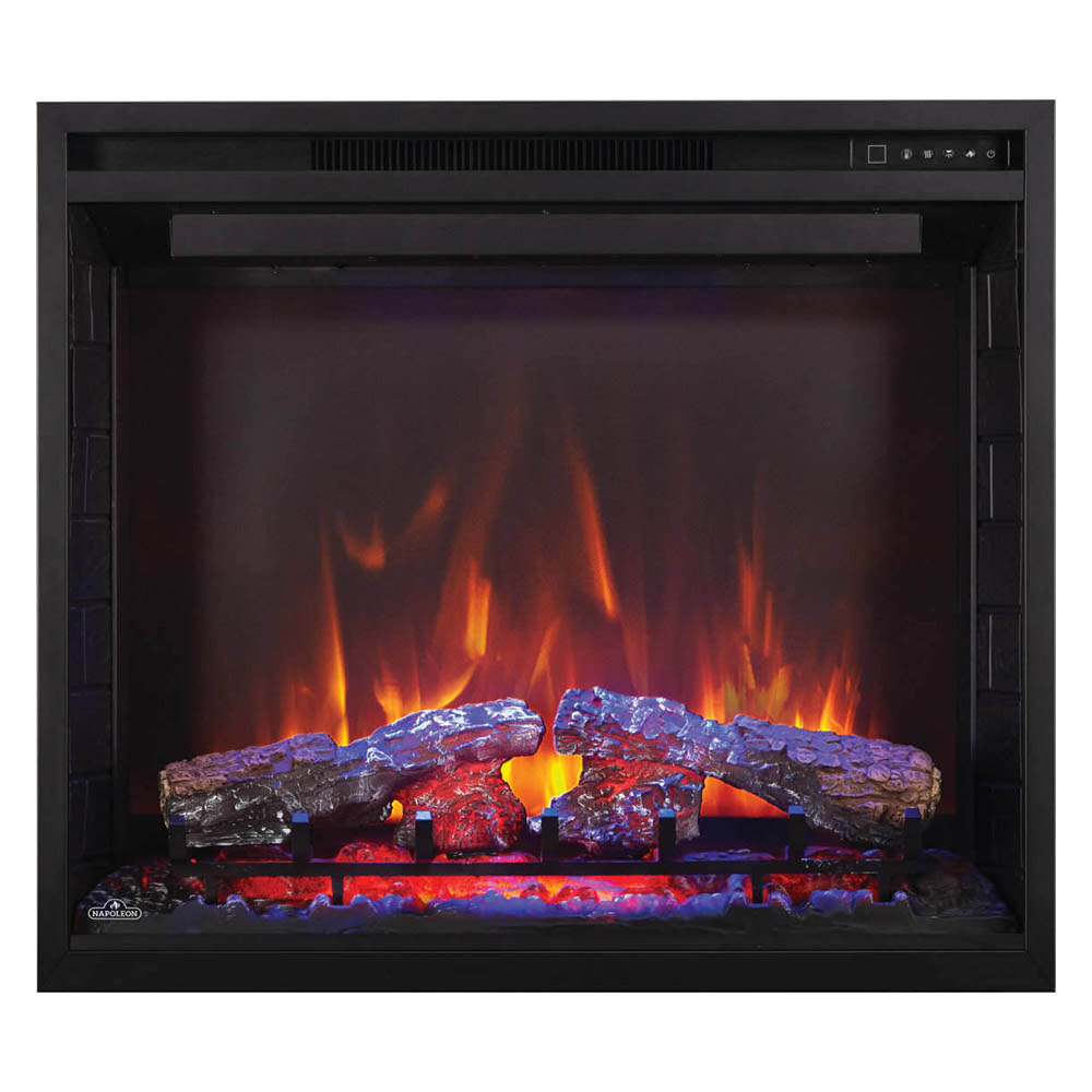 Built-in electric fireplace showing bright flame effect behind faux logs in black bezel