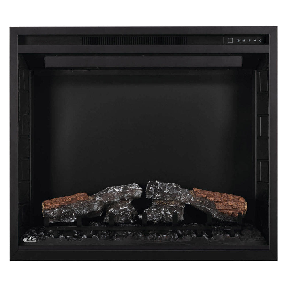 Built-in electric fireplace with faux logs on grate and black frame, no flames