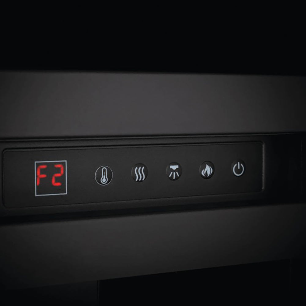 Electric fireplace control panel with F2 display and illuminated icon buttons
