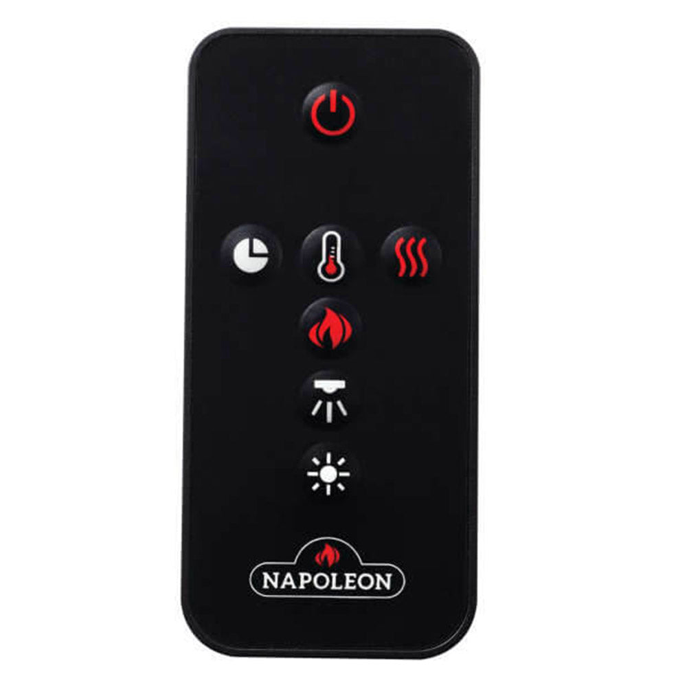 Black Napoleon-branded remote control with power, flame, heat, and light icons