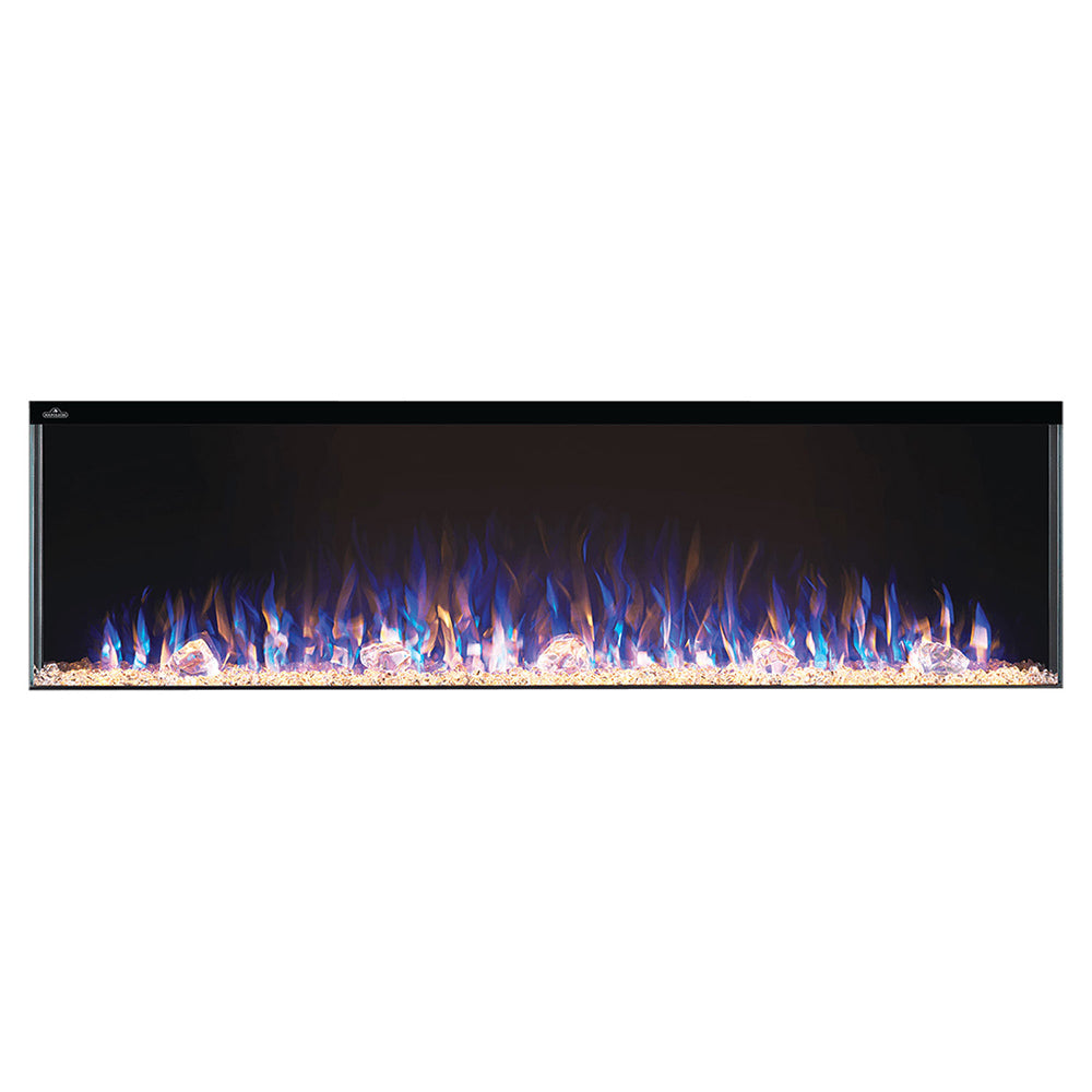 3-sided electric fireplace with blue flame accents and glowing embers along the base
