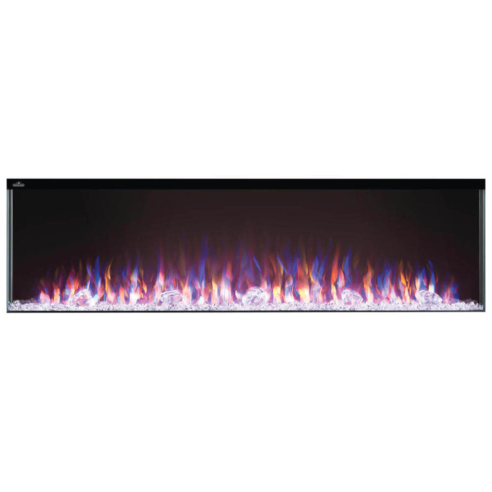 3-sided electric fireplace with vivid multi-color flame effect and white-blue ember bed