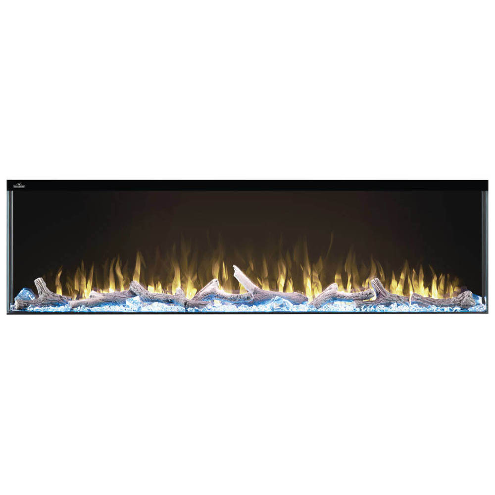 3-sided electric fireplace with glowing yellow flame effect and blue ice-like ember bed
