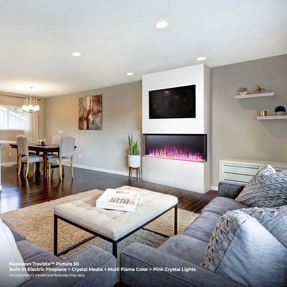 Built-in 3-sided electric fireplace installed in a modern living room wall