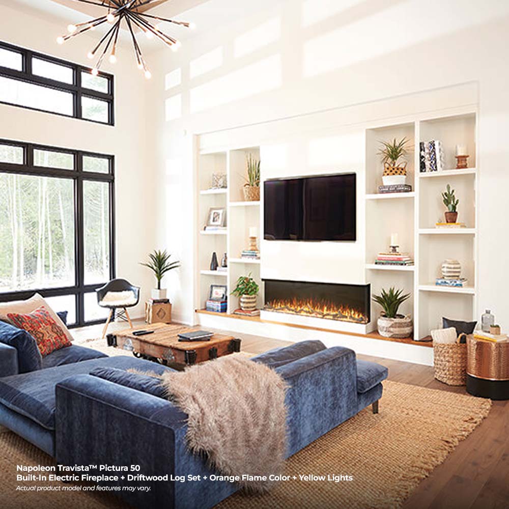 Built-in 3-sided electric fireplace with orange flame glow in a living room entertainment wall