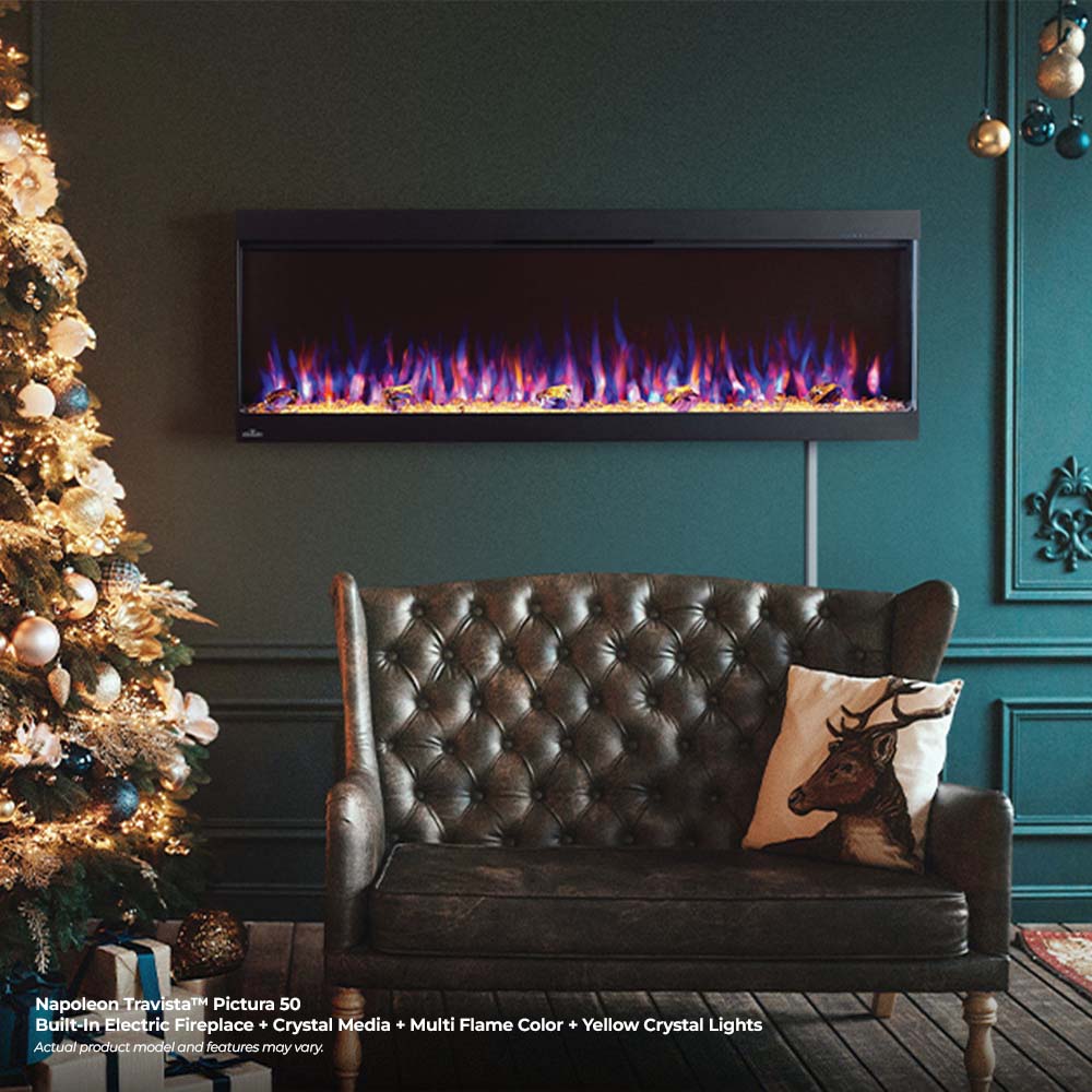Wall-mounted 3-sided electric fireplace with multi-color flames above a dark base