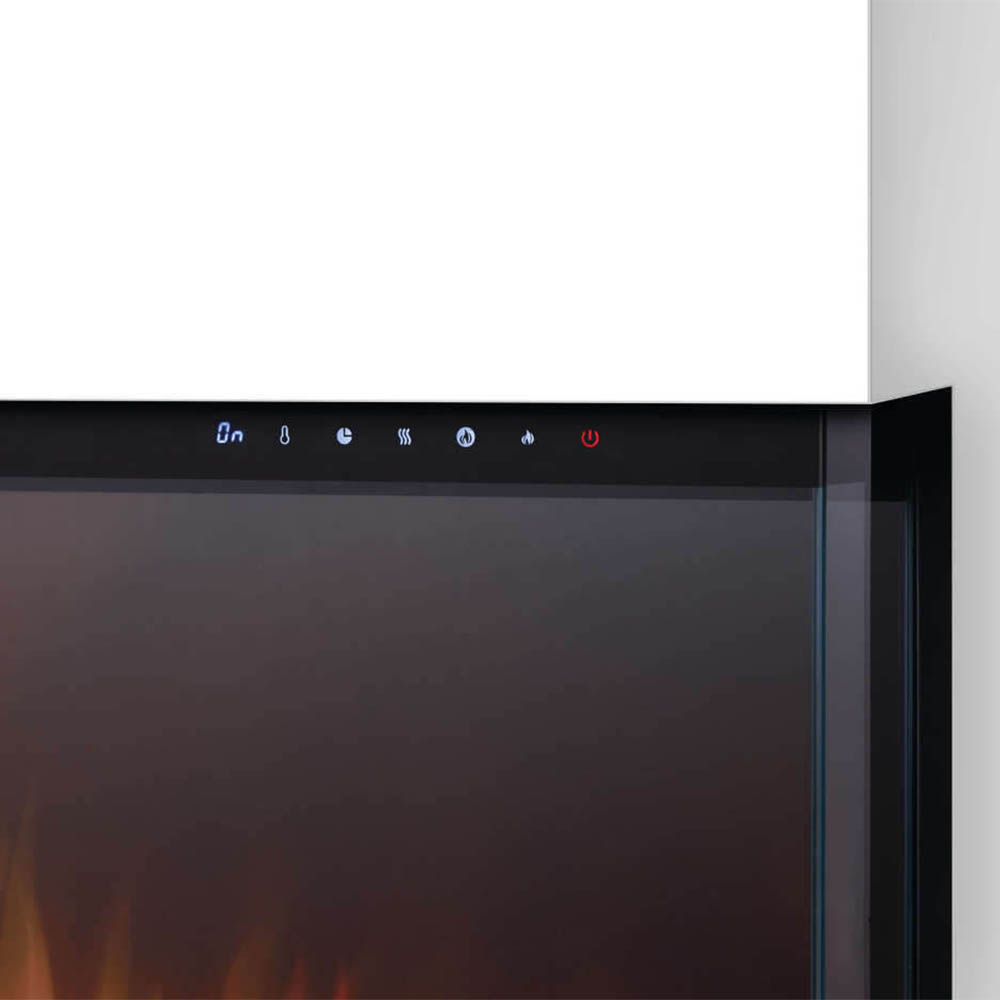 Black electric fireplace front with top touch-control icons and slim control panel