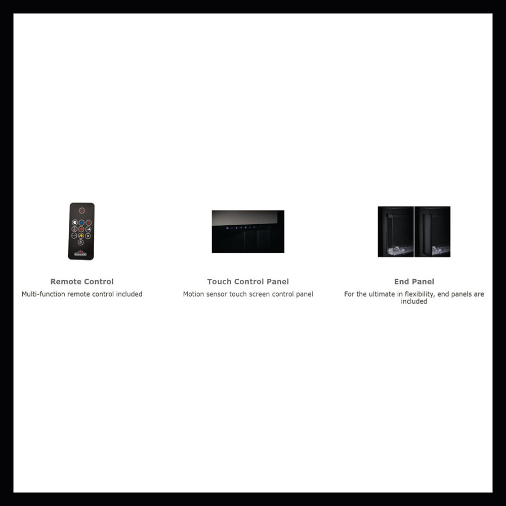 Electric fireplace control overview diagram: remote, touch panel, and side end panel