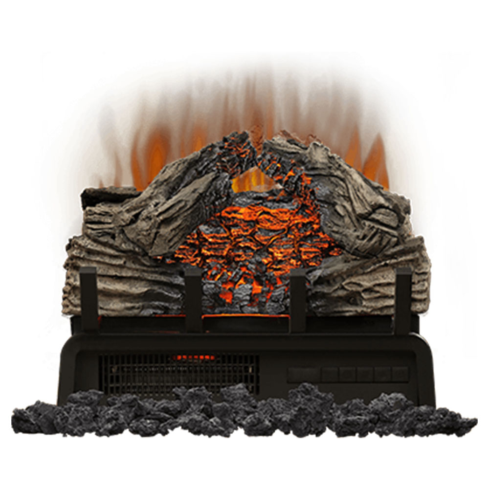 Electric fireplace log set front view with dark logs and vivid orange embers