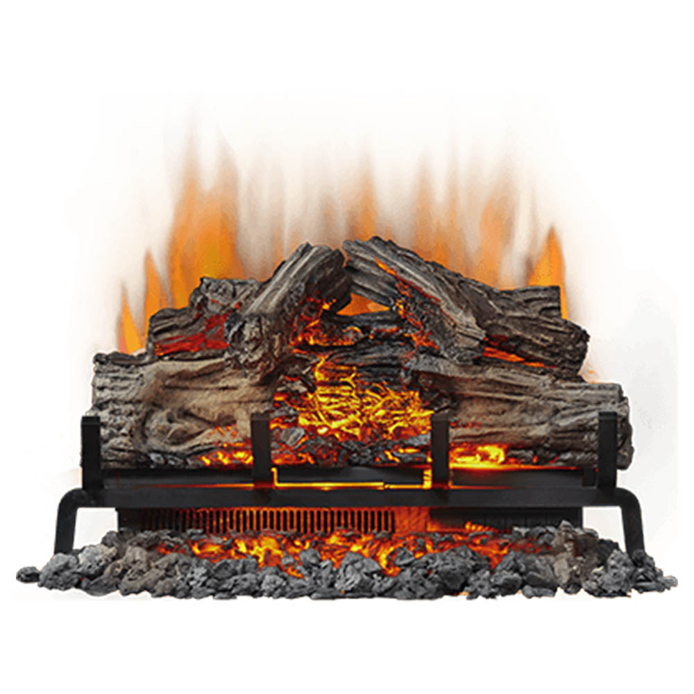 Electric fireplace log set with stacked dark logs and glowing orange flame lines