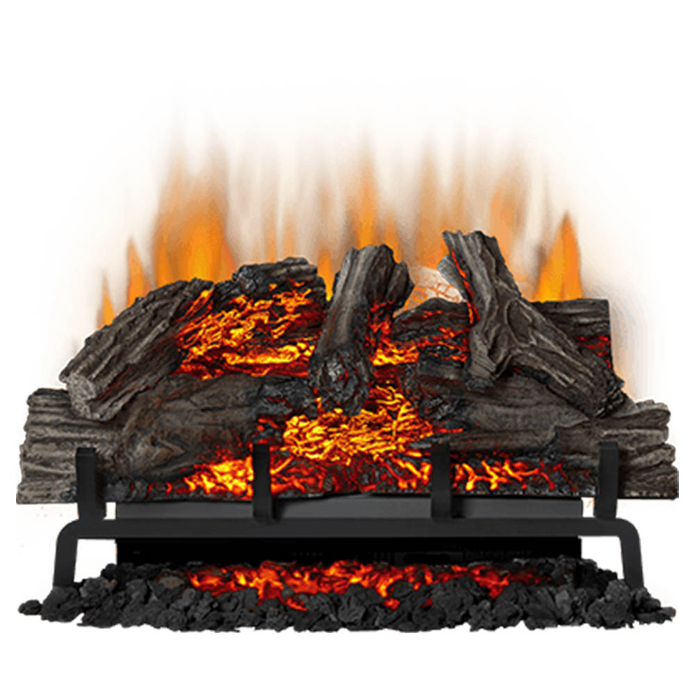 Electric fireplace log set with dark stacked logs and bright orange flame