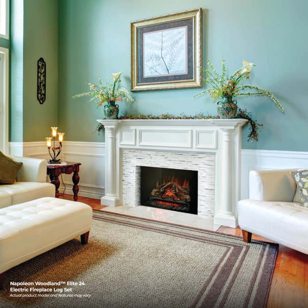 Electric fireplace log set in white mantel fireplace, orange flame and ember glow