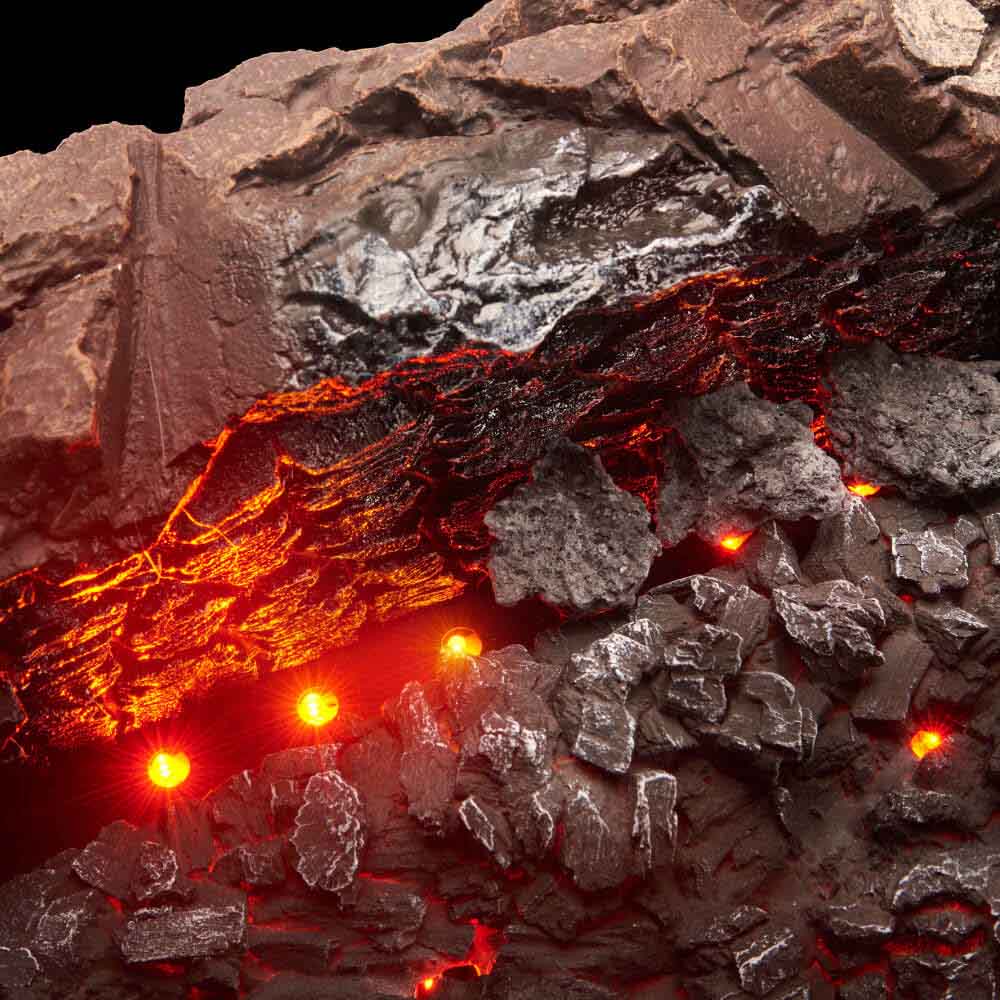 Electric fireplace log set with glowing embers, dark gray logs and red-orange flame