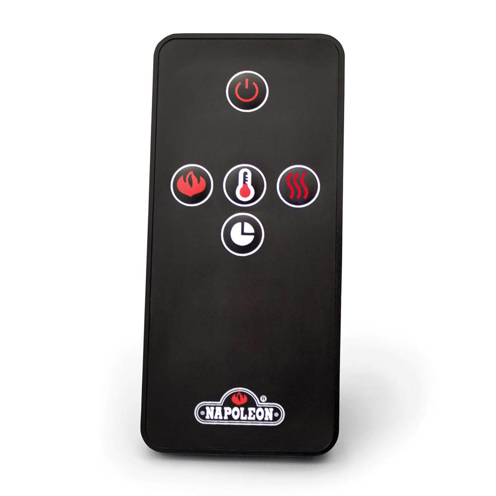 Black Napoleon electric fireplace remote with power, heat, flame, and timer icons