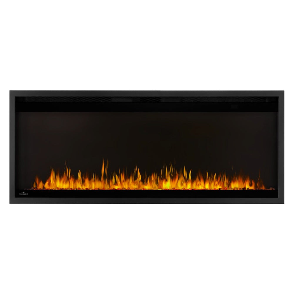 Wall-mount linear electric fireplace with black frame and bright orange flame display