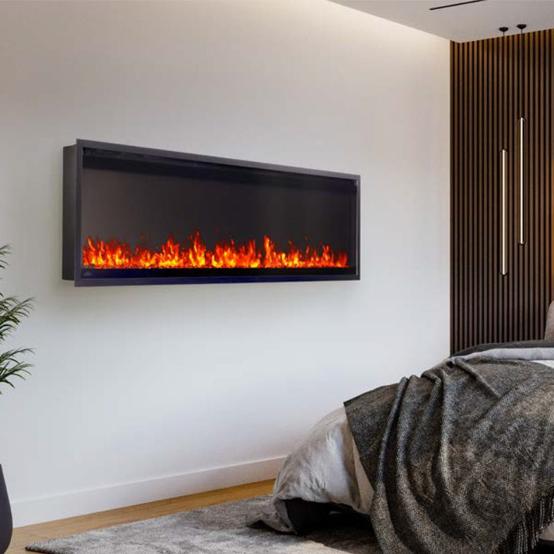 Ultra-slim wall-mount linear electric fireplace in black with active flame bed