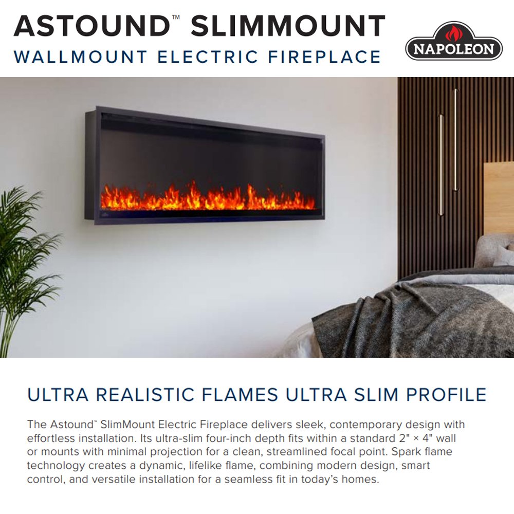 Ultra-slim wall-mount linear electric fireplace with black frame and glowing flames