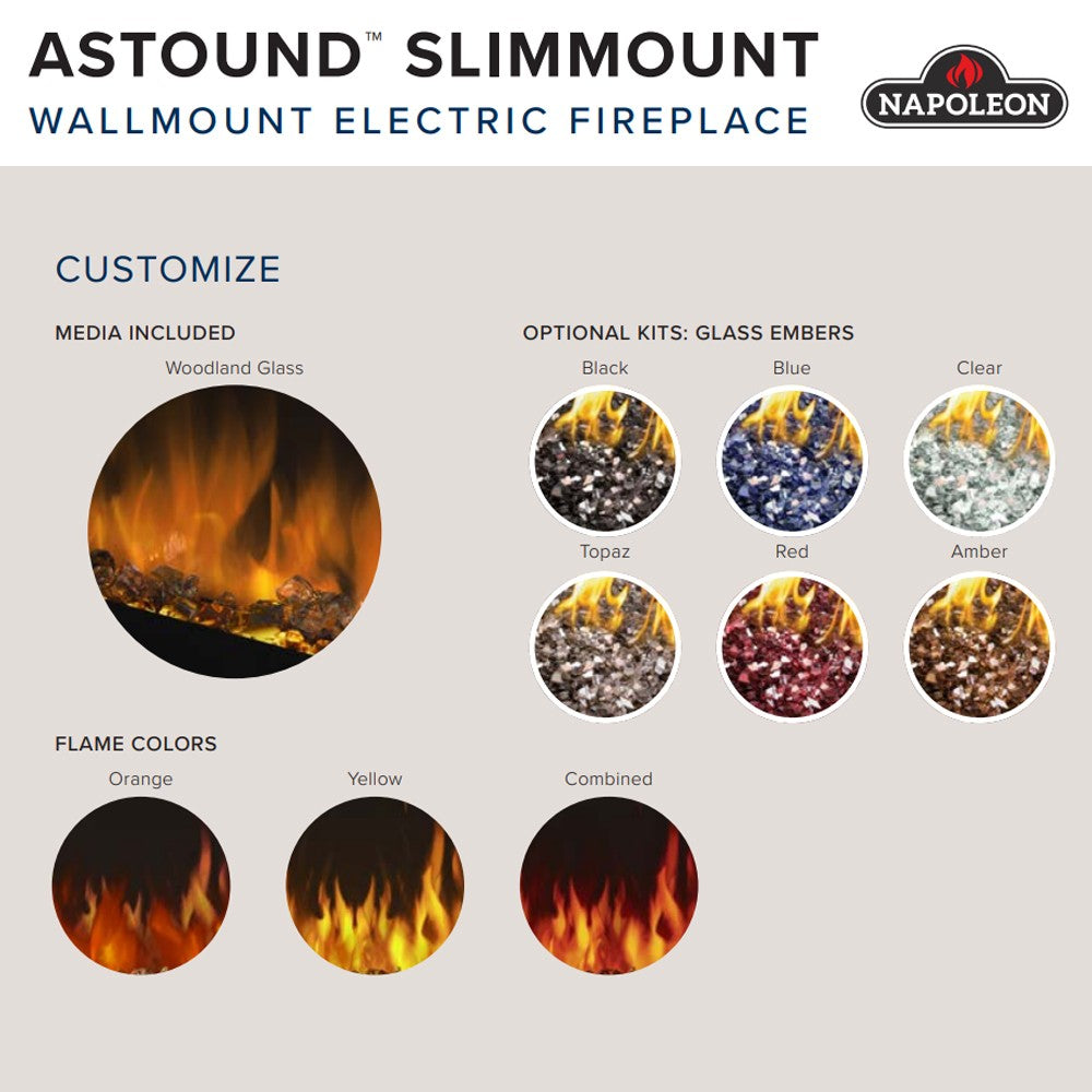 Wall-mount electric fireplace flame color customization chart with sample fire colors