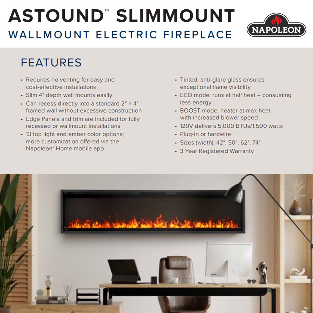 Wall-mount electric fireplace features and specifications callouts diagram