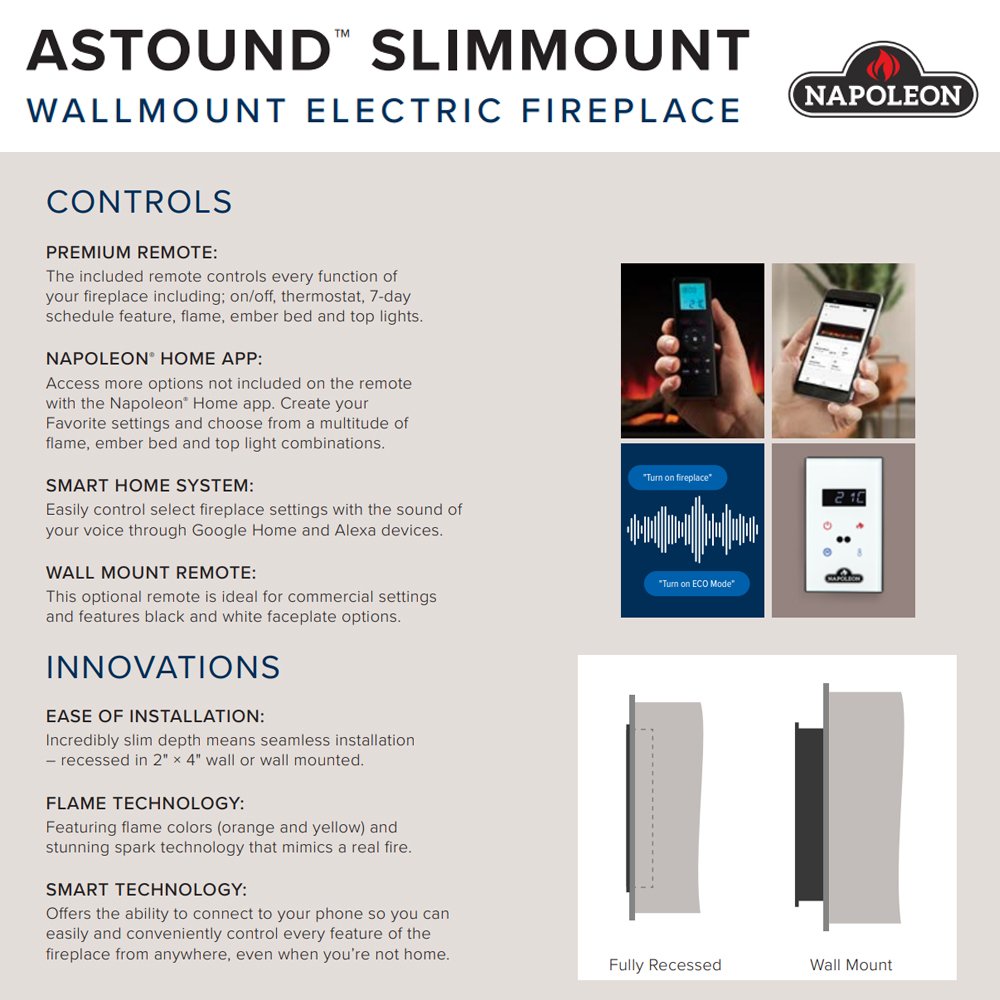 Wall-mount electric fireplace controls and innovations diagram with remote and app