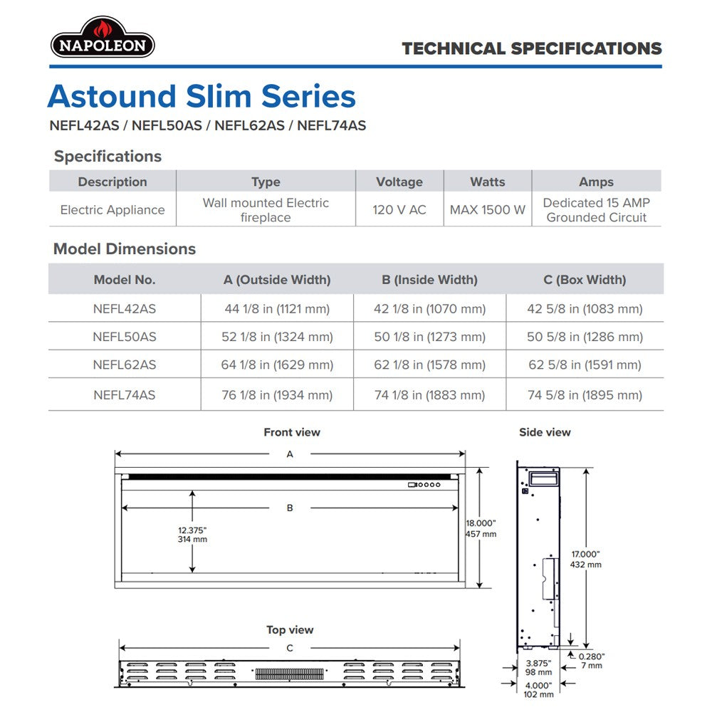Electric fireplace technical specifications diagram for Astound Slim series