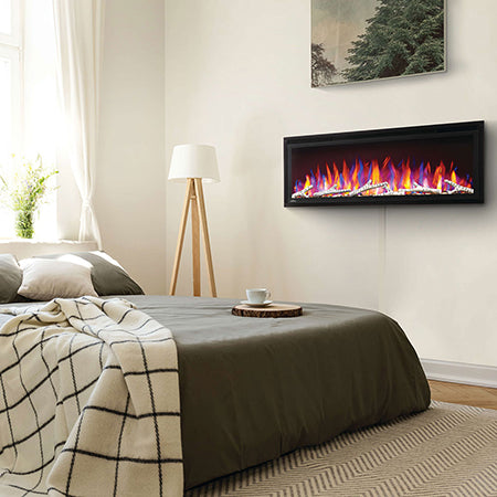 Wall-mounted electric fireplace with bright flame effect in a dark frame