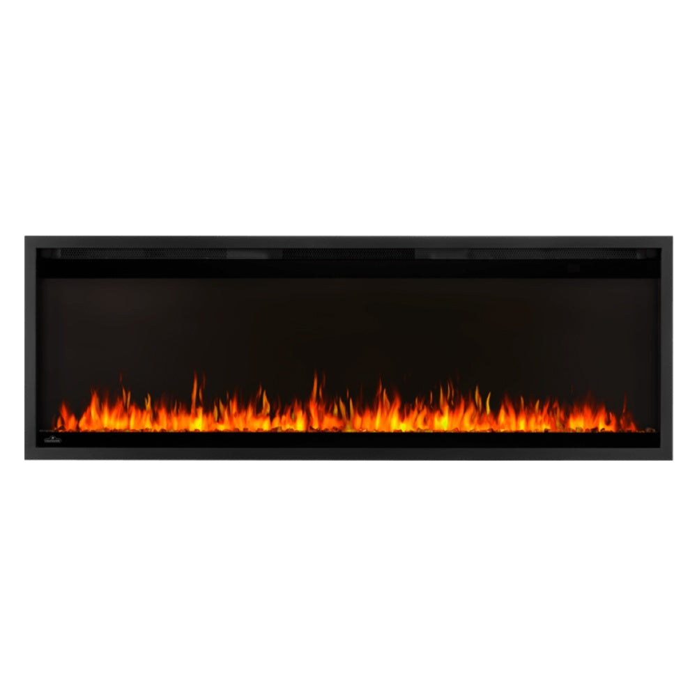 Black linear electric fireplace with clear glass front and glowing orange flame bed