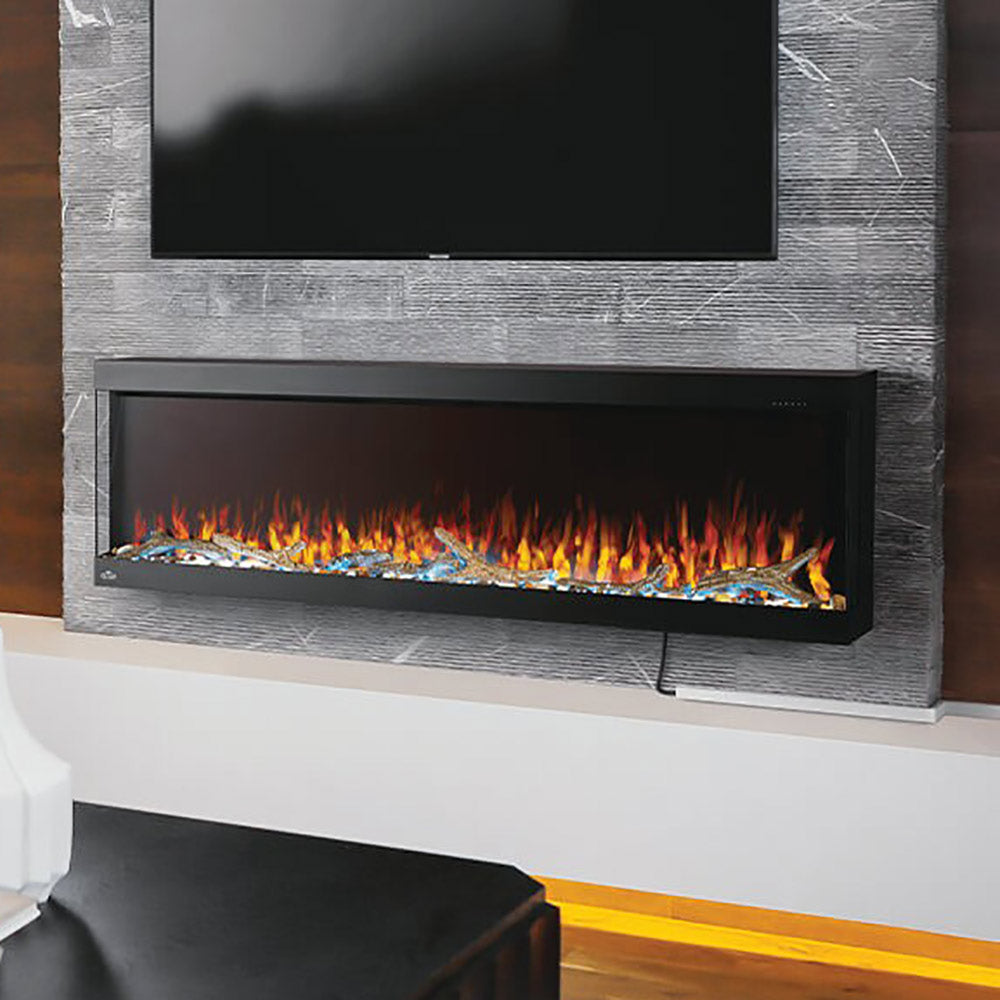 Wall-installed electric fireplace with black frame and orange flame bed in stone surround