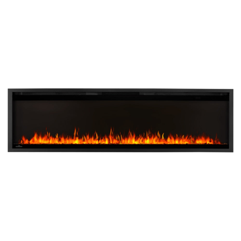 Black linear electric fireplace with inset flame display and glass front
