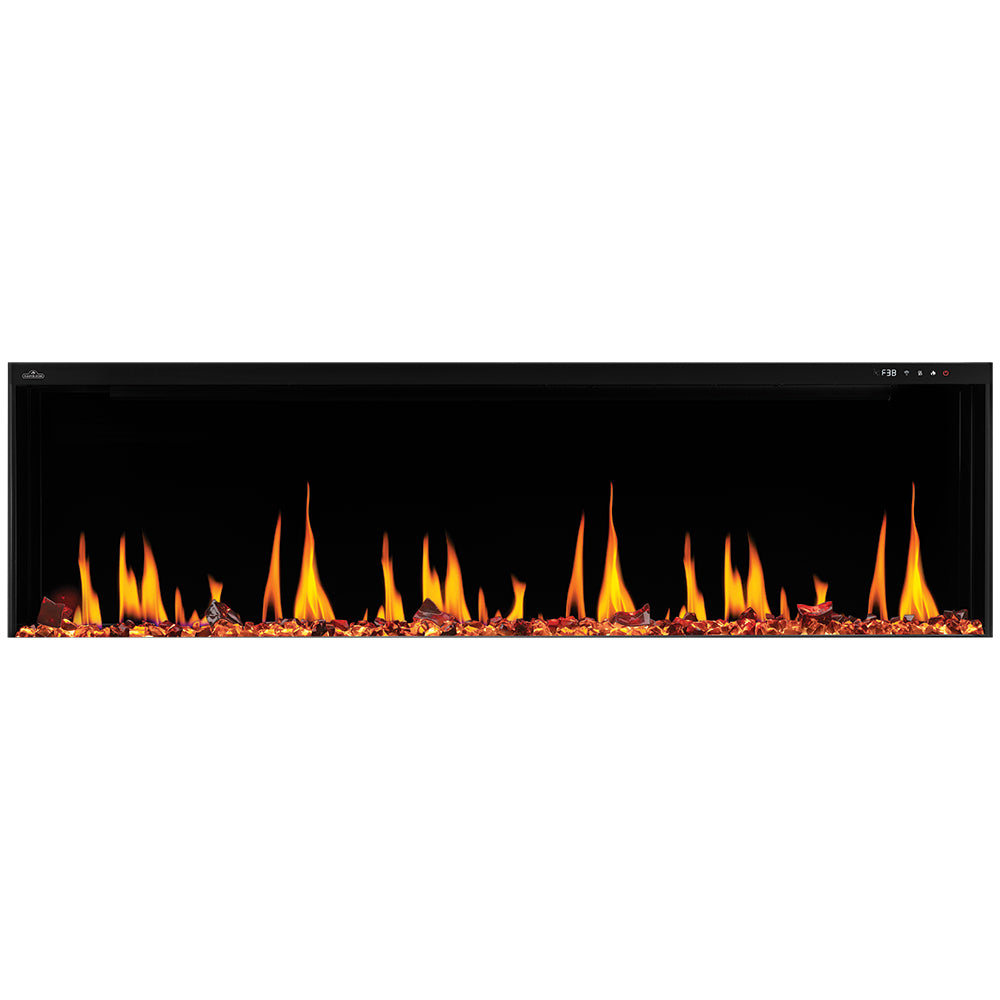 Linear electric fireplace with orange flame display and log-and-ember bed in a black frame