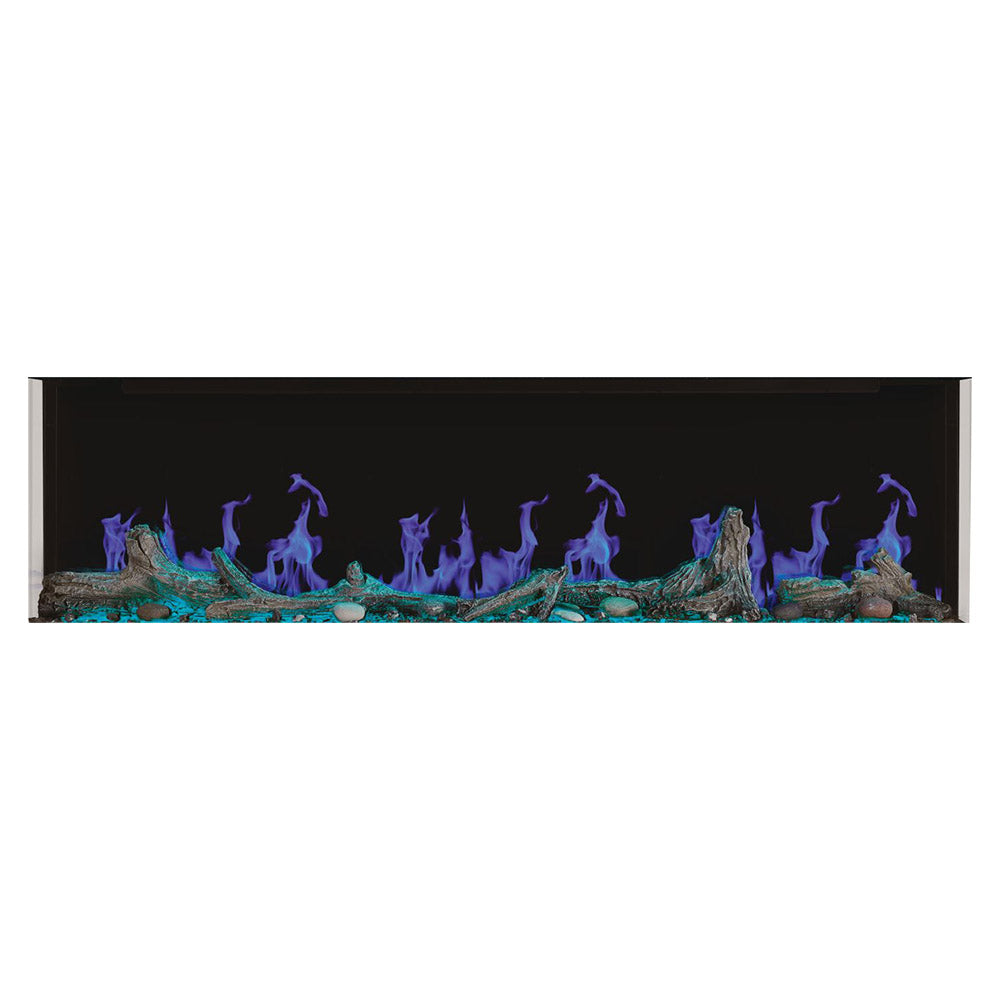 Linear electric fireplace with blue-purple flame display over a log-and-ember bed