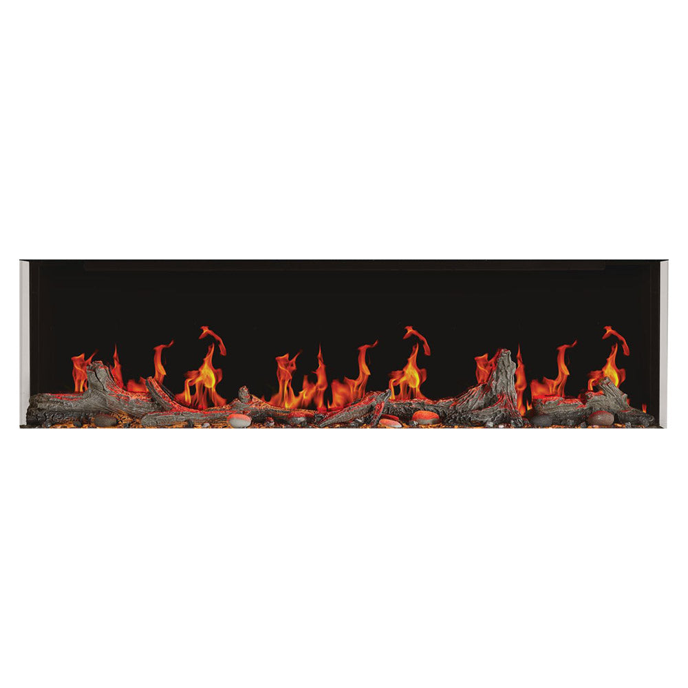 Linear electric fireplace with red-orange flame display over a log-and-ember bed