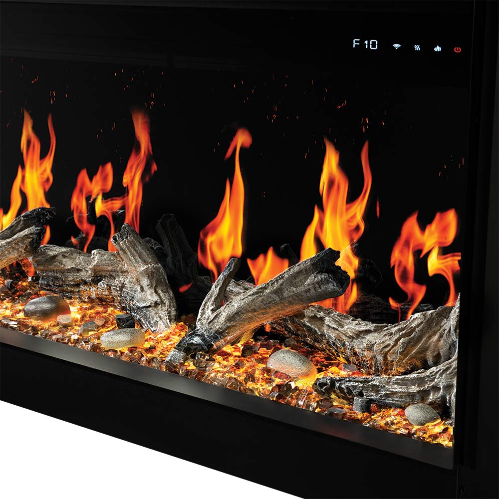 Close-up linear electric fireplace with bright orange flames over logs and embers